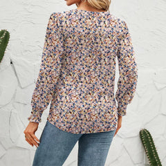 Plus size casual shirt, fully printed lantern sleeve V-neck top, with pleats on the chest, waist cinching slim fit shirt