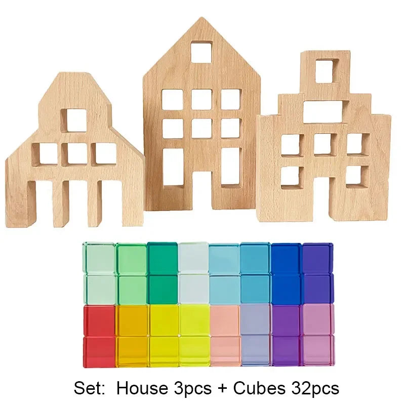 Dutch Wood Houses Lucite Cubes Blocks Rainbow Acrylic Building Blocks