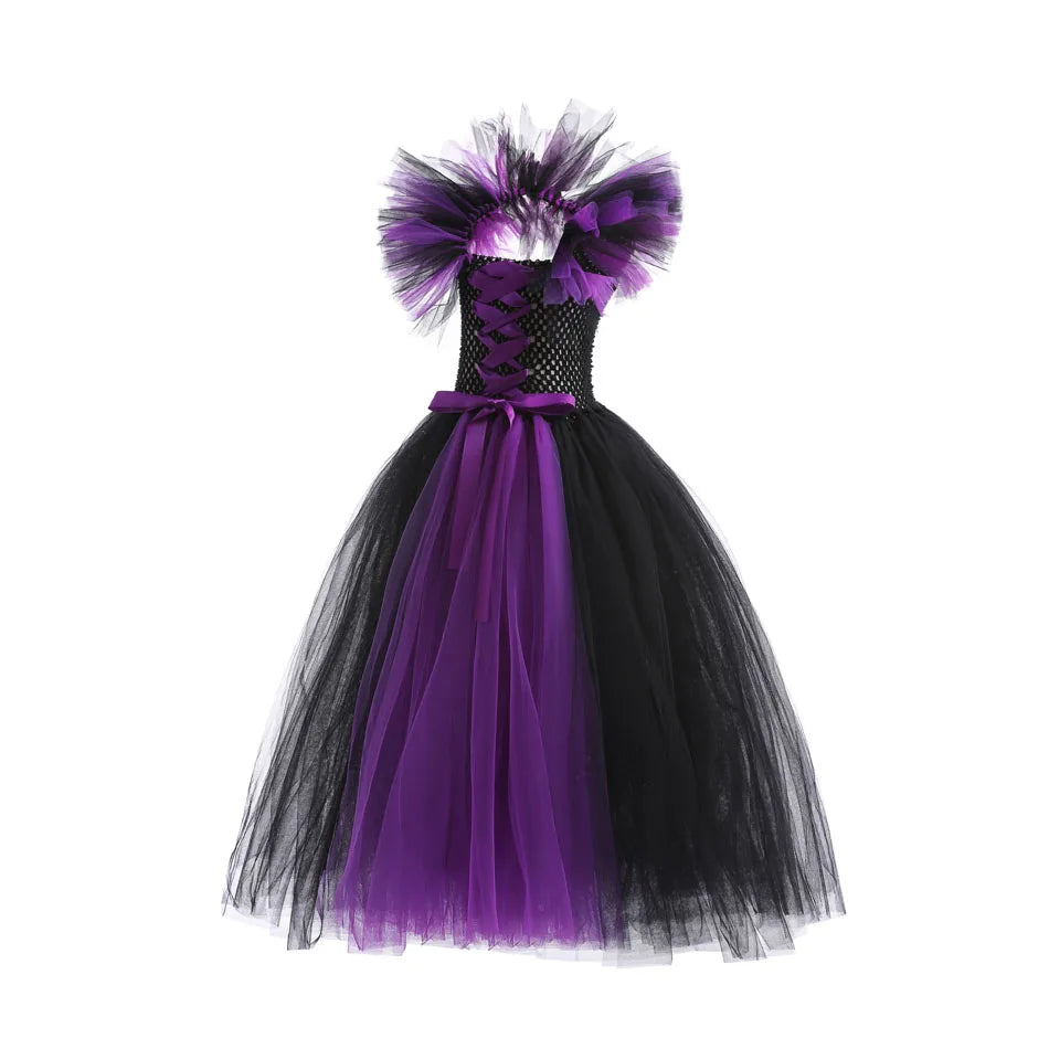 Halloween Witch Dress Girl Evil Queen Cosplay Costume Handmade Knitted Tulle Tutu Ruffles Floor Length Princess Outfits