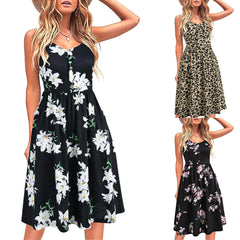 Summer Floral Print Women Casual Dress Button V Neck Sleeveless Loose Strap Splice Dresses