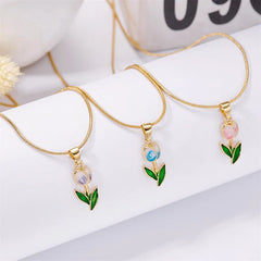 Vintage Elegant Enamel Tulip Flower Pendant Necklace For Women