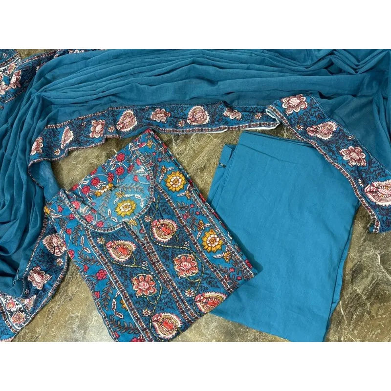 Blue Color Printed Kurta Palazzo with Dupatta Set Women Salwar Kameez Suit Dress