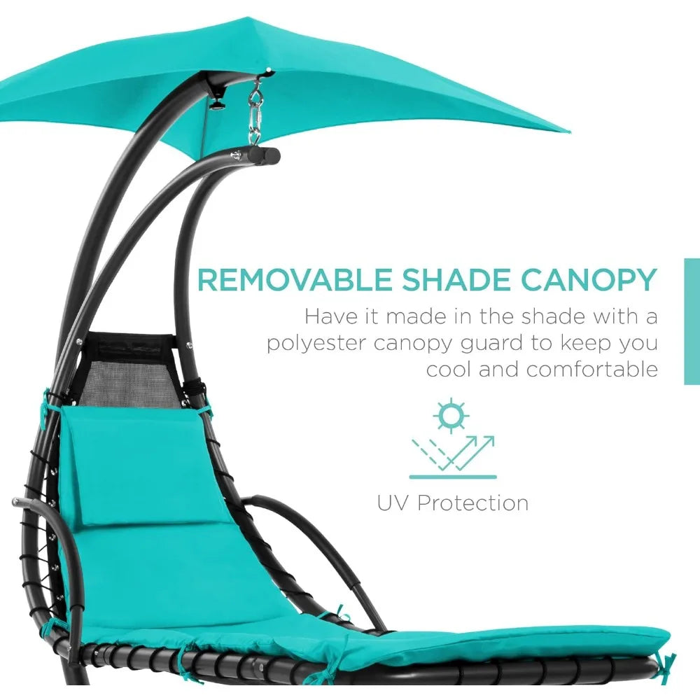 Outdoor Hanging Curved Steel Chaise Lounge Chair Swing w/Built-in Pillow and Removable Canopy