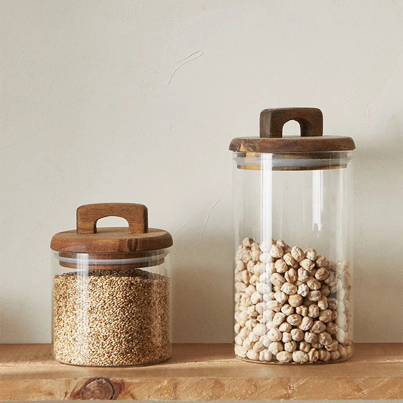 Glass Food Storage Tank with Wooden Lid Kitchen Coffee Beans Candy Tea Grains Canister