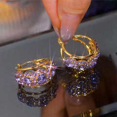 Exquisite Full Paved Purple Crystal Flowers Hoop Earrings for Women