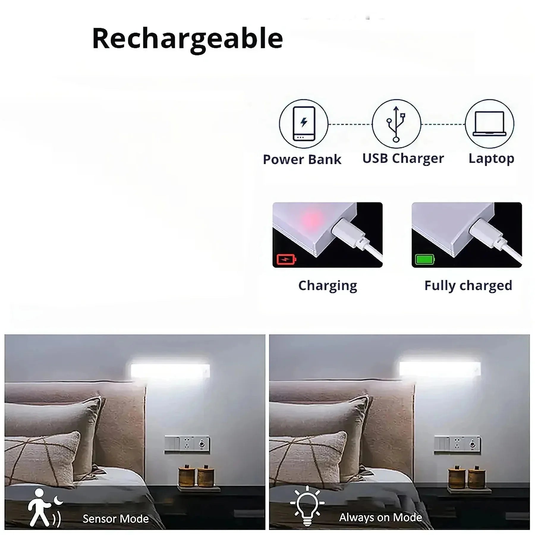 LED Night Light Motion Sensor Cabinet Light Wireless USB Rechargeable Lamp