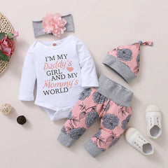 Newborn Baby Girl Clothing Long Sleeve Romper Rose Pant with Hat & Headband Toddler Girl Clothes