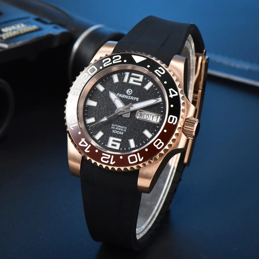 premium rose gold business watch sapphire glass Japan rubber strap