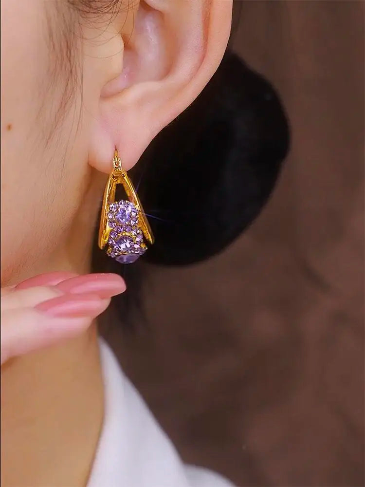 Exquisite Full Paved Purple Crystal Flowers Hoop Earrings for Women