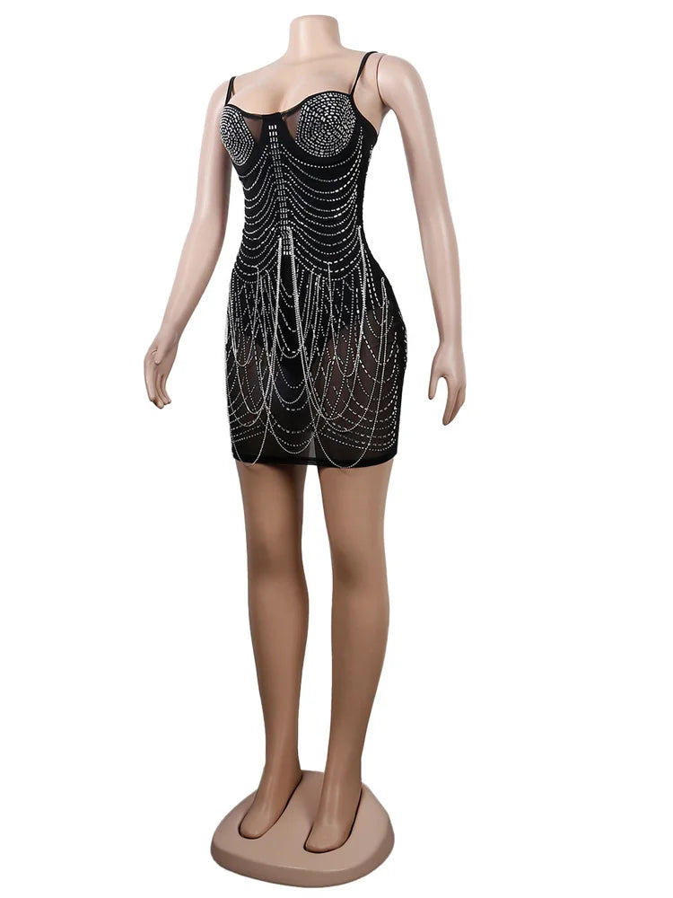 Sparkle Black Rhinestone Fringe Bodysuit Mini Dresses Women