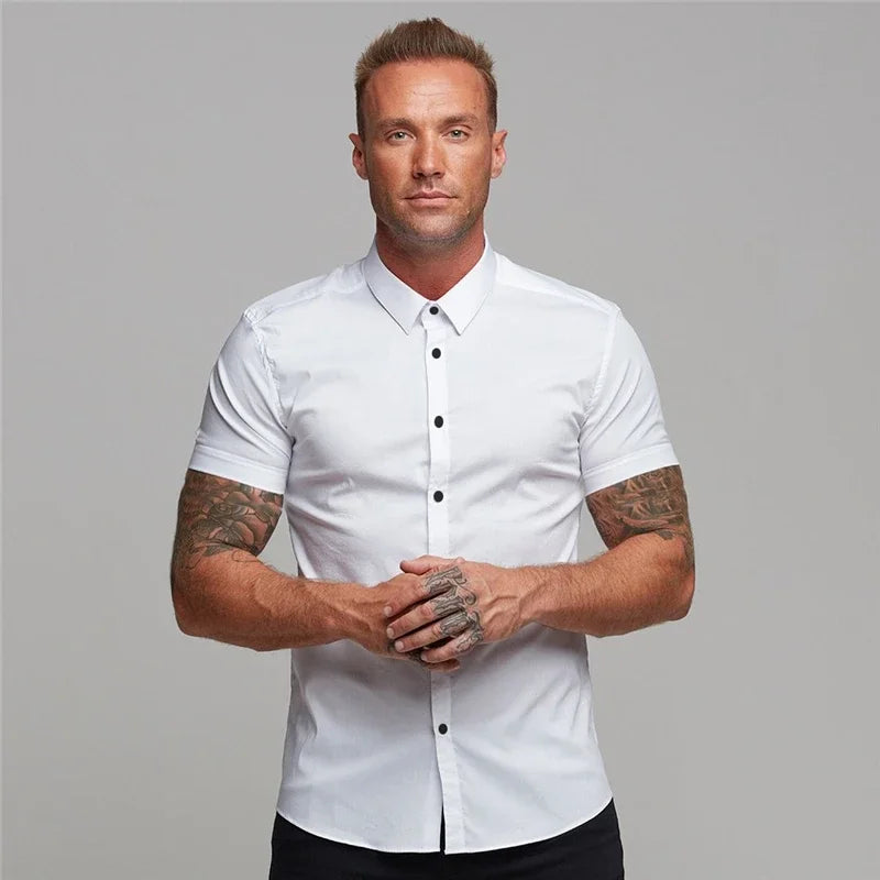 Men's Summer Business Shirt Short Sleeve Turn-down Collar Tuxedo Shirt Fashion Super Slim Fit Male Social Dress Shirt