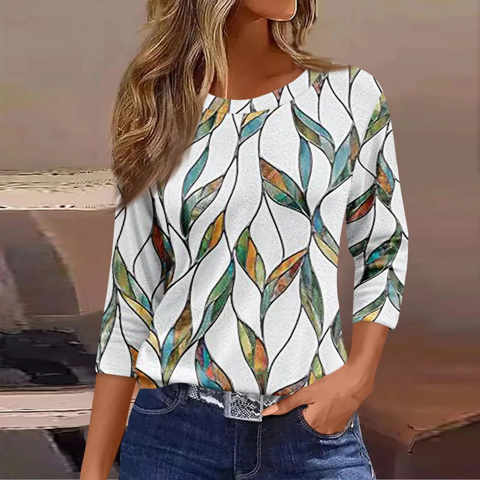 Women's Fashion Casual Round Neck 3/4 Sleeve Loose  Printed T-Shirt Ladies Top