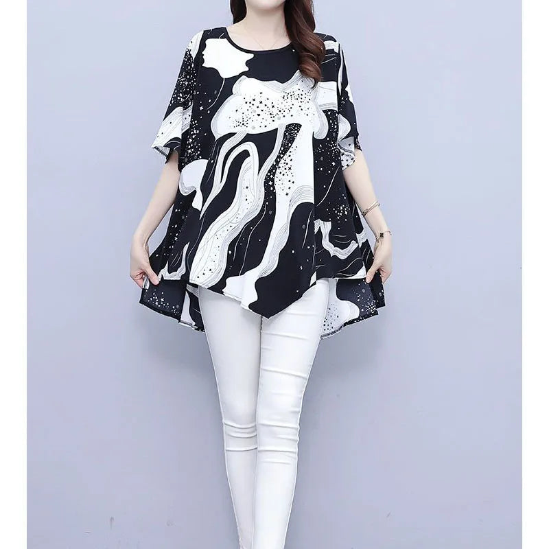 Female Casual Korean Printed Irregular T-shirt