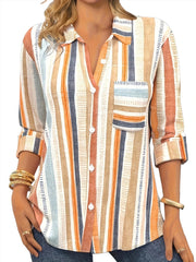 Plus Size Casual Blouse, Women's Plus Stripe Print Button Up Long Sleeve Turn Down Collar Blouse