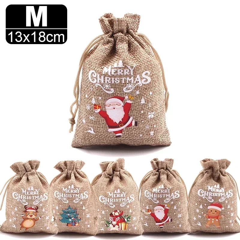 Burlap Christmas Bag Santa Claus Snowman Drawstring Candy Cookies Pouch Xmas