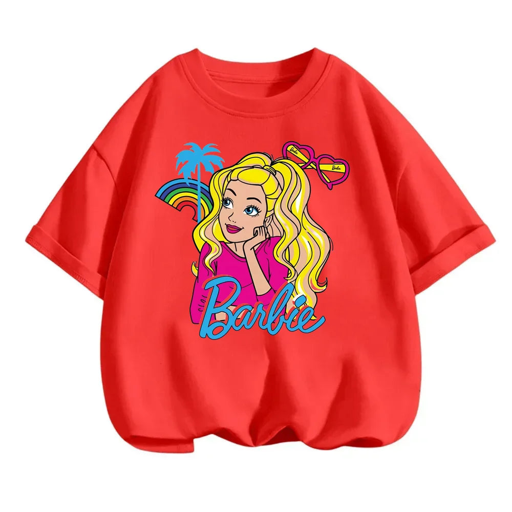 New Kawaii Barbie T-shirt Kids Clothes Girls Fashion Baby Printed Short-sleeved Boys Anime Cartoon Sonic Stitch Stich T-shirts