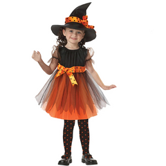 Girls Halloween Cosplay Kids Costume Children Gown Infant Witch Dress Clothing Set Hat Pumpkin Bag Pantyhose