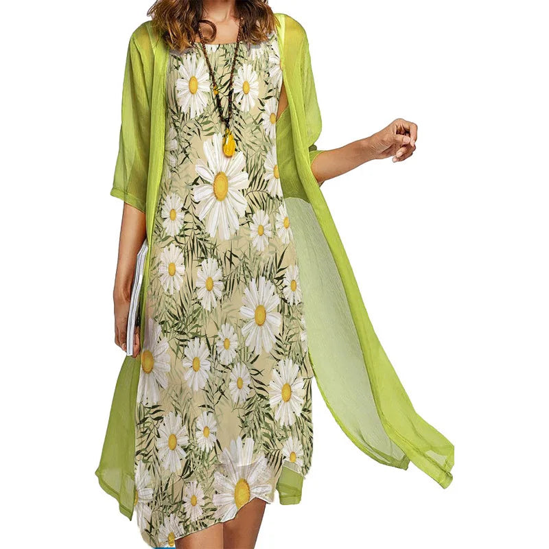 Europe and the United States cross-border fashion casual printed vest dress outside the two-piece set