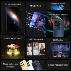 Note30 Pro New smartphone 5G 6.8-inch high-definition Android 14 Snapdragon 8 gen3 10core dual SIM phone 6800mAh unlocking phone