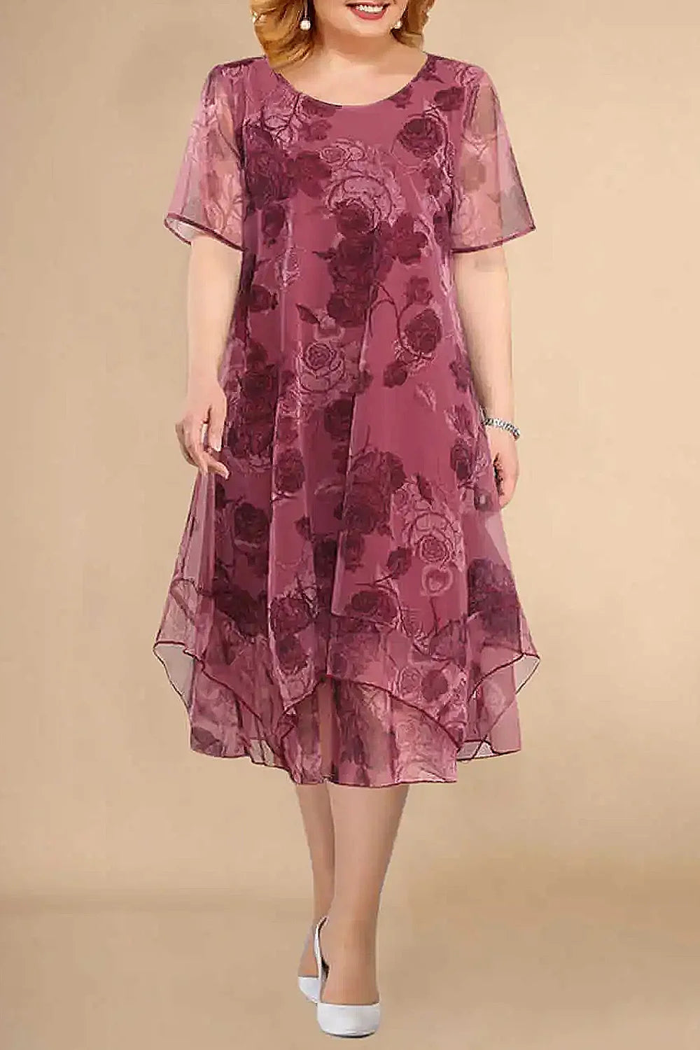 Plus Size Formal Fuchsia Chiffon Floral Print Layered Tea-Length Elegant Midi Dress