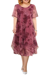 Plus Size Formal Fuchsia Chiffon Floral Print Layered Tea-Length Elegant Midi Dress