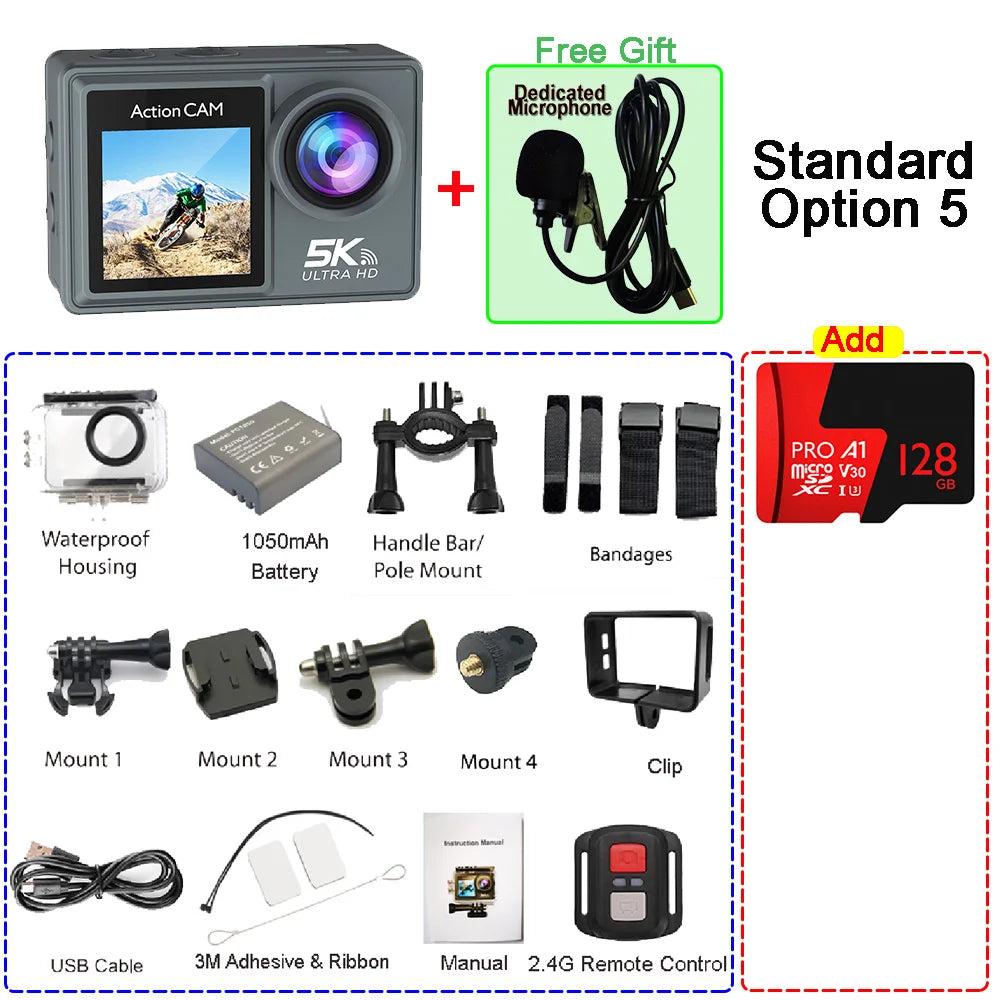 5K 4K60FPS Action Camera Dual IPS Touch LCD EIS 170° DVR 30M Waterproof 5X Zoom Sport Camera