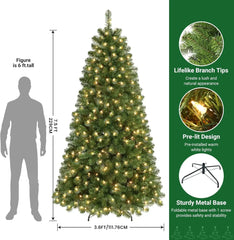 7.5ft Prelit Premium Artificial Hinged Christmas Tree with Pre-lit 350 Warm White Lights, 998 Branch Tips and Foldable