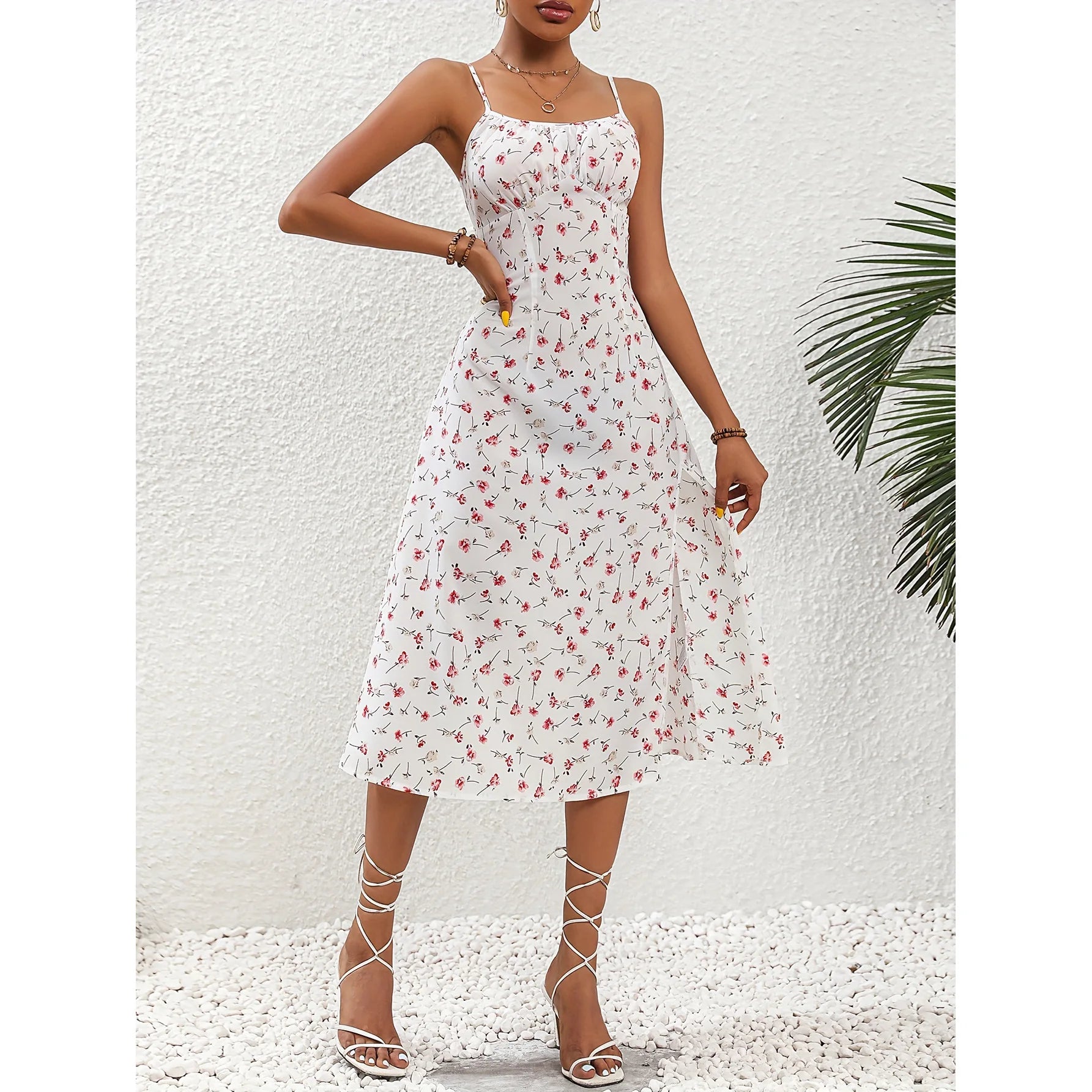 Summer Polka Dot Printed Womens Dresses Elegant Square Neck Sleeveless Chiffon Long Dress Beach