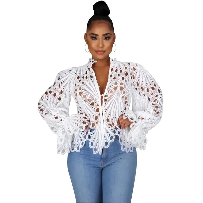 Casual Lantern Long Sleeve Stand Collar Shirts Lace Hollow Out Short Blouse Female Elegant Red/Pink/White Loose Tops