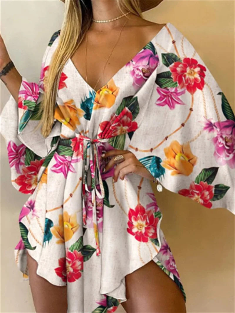 Women Print Dress V-Neck Bat Sleeve Ruffl Flowers Print Bohemian Beach Sundress Ladies Loose Summer Vacation Mini Dresses