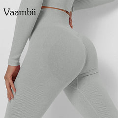 Women's Seamless Sports Tights Knitted Ribbed Scrunch Bum Leggings Sport Women