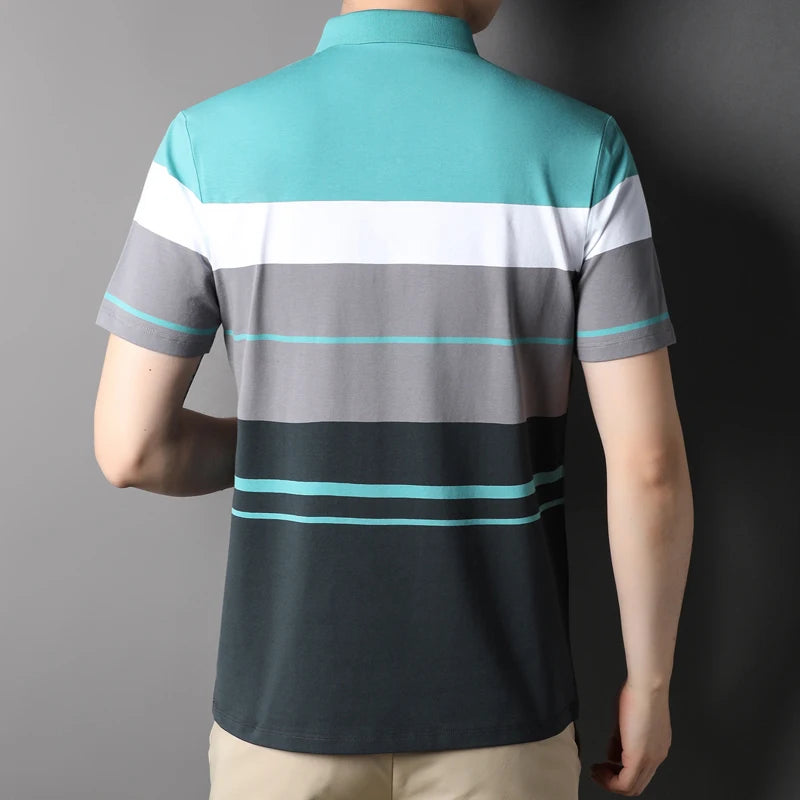 Men 100% Cotton Polo Shirt Tops Short Sleeve for Summer Contrast Pattern Casual Turndown Collar 00628