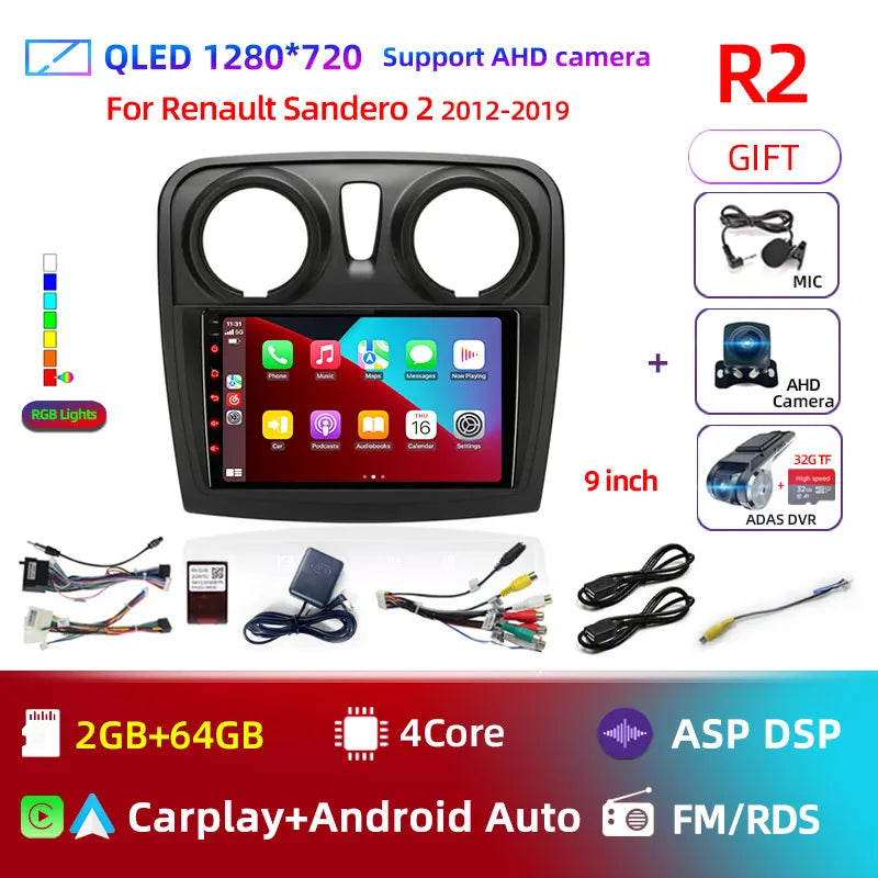 Android 12 Car Radio Multimedia Video Player for Renault Logan 2 Sandero 2 2012 - 2019 2 Din GPS Navigation Stereo DVD carplay