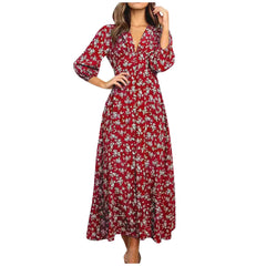 Women's Long Sleeve Bohemian Floral Maxi Dresses Loose Casual High Waist Boho Printed Maxi Dress