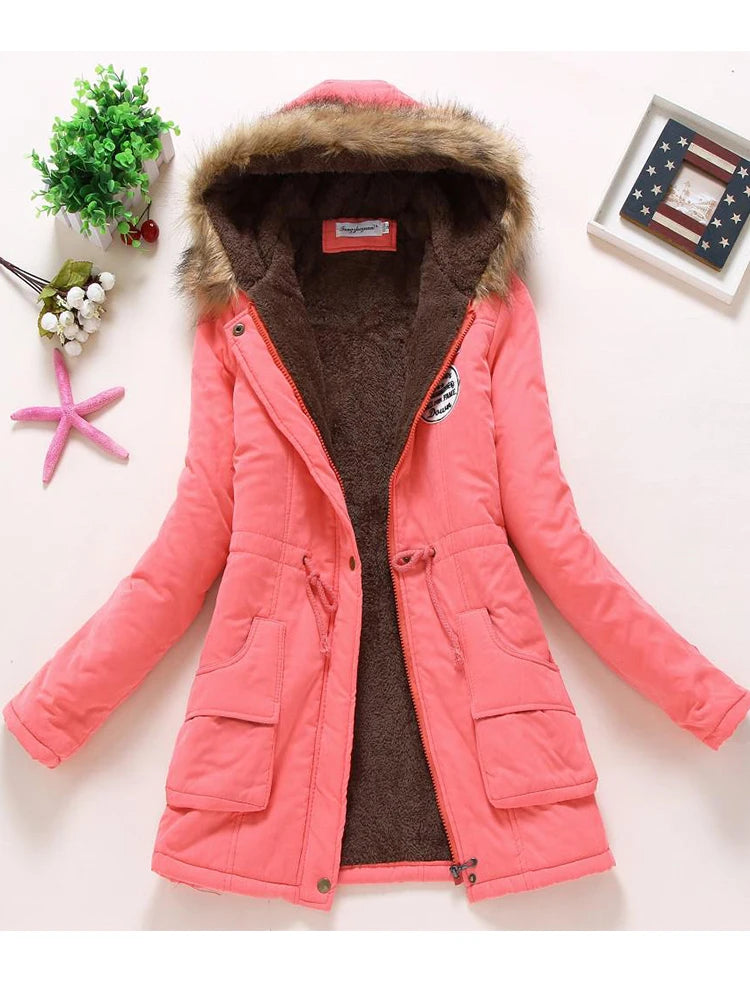 Military coats women cotton wadded hooded jacket medium-long casual parka