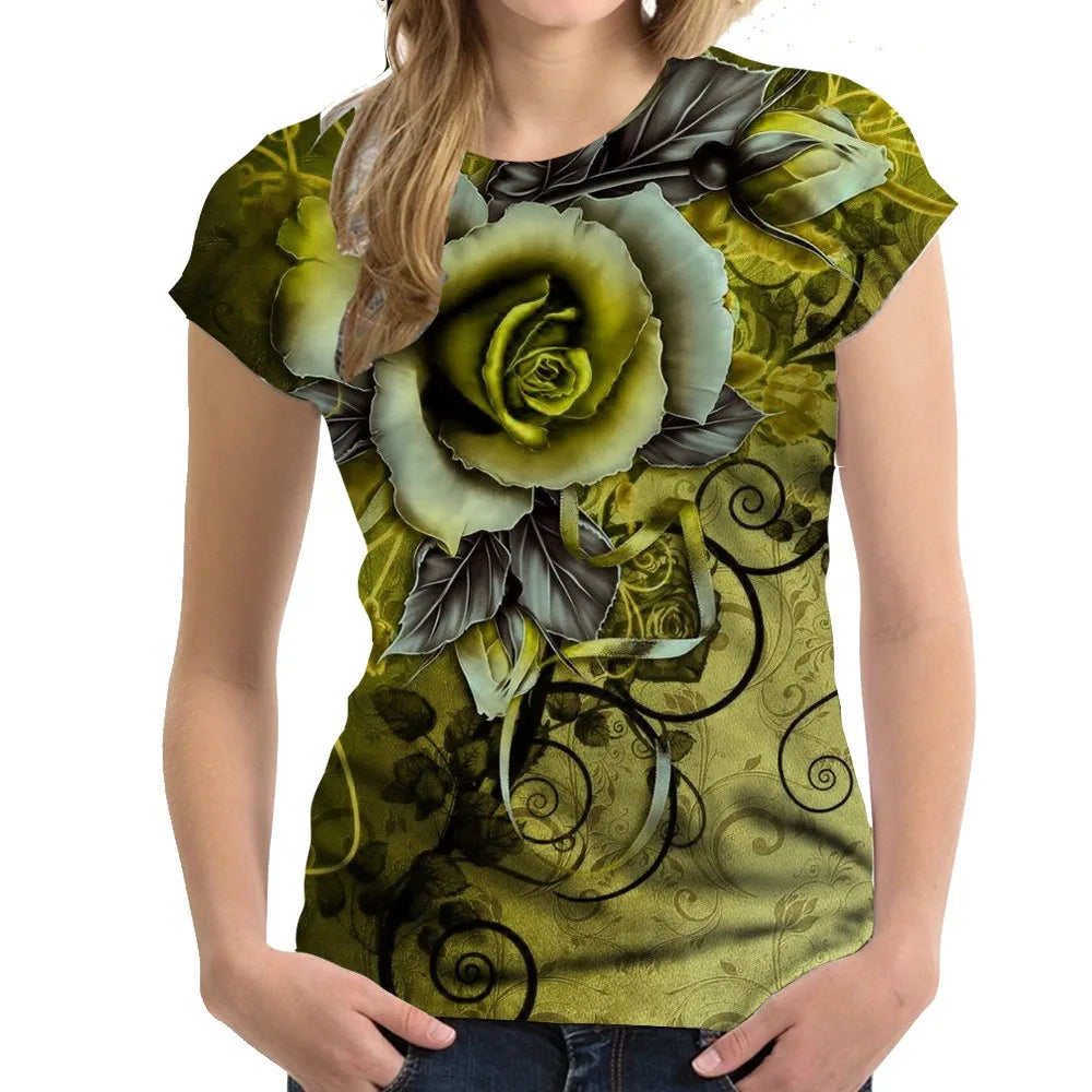 Women's Tshirts Rose Printed T Shirt Ladies Fashion Tee Shirt