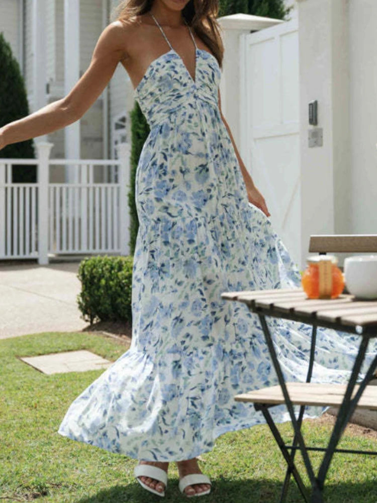 Women's Summer Chiffon Halter V Neck Sleeveless Floral Flowy A Line Maxi Dress