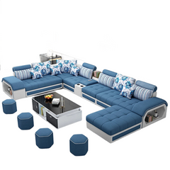 MINGDIBAO Fabric Sofa Set Furniture Living Room Sofa Set with USB and Stools / Big U Shape Cloth Couch Sofas for Home Furniture