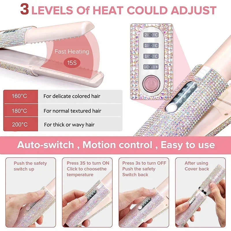 2-IN-1 Electric USB Hair Straightener Curler Fashion Colored Diamond  Design Wireless Travel Hair Straightening Styler Brush