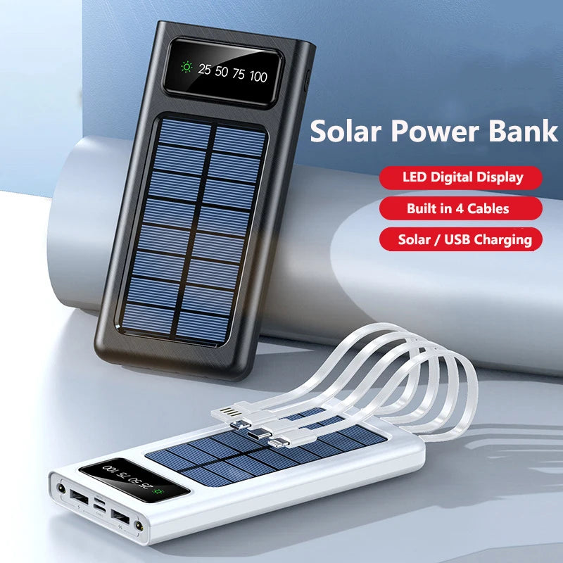 Solar Power Bank 30000mAh Built in 4 Cable Portable Charger LED Light Digital Display Powerbank