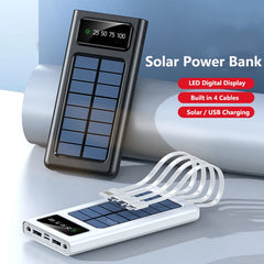 Solar Power Bank 30000mAh Built in 4 Cable Portable Charger LED Light Digital Display Powerbank