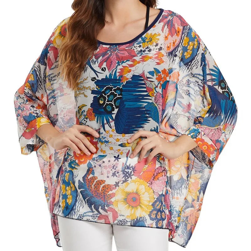 Women chiffon Blouse half Sleeve Beach shirt O-neck Loose summer floral print Casual Bohemian Boho Top