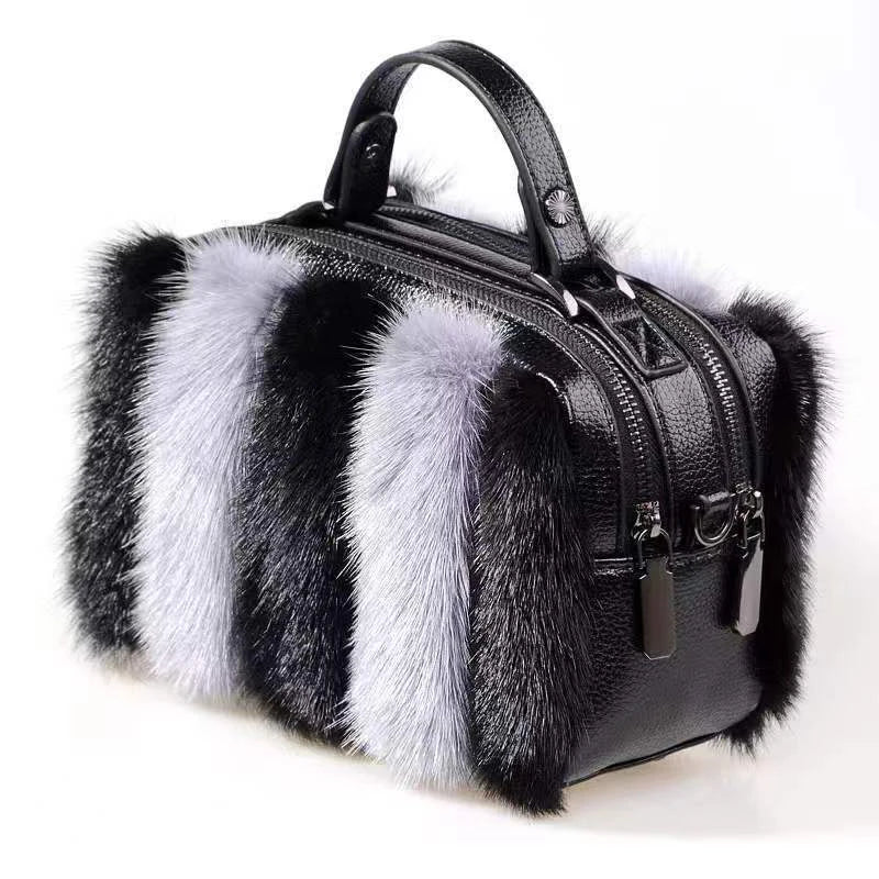 Fur Bag Women Shoulder Bag Double Zipper Square Leisure Real Fur Bag Ladies Bags