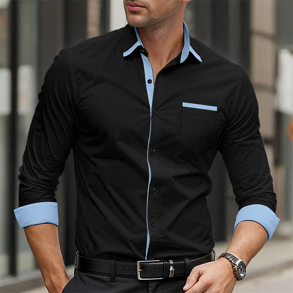 Classic business men's shirt casual breathable solid color long sleeved shirt daily street fashion wearing men's top