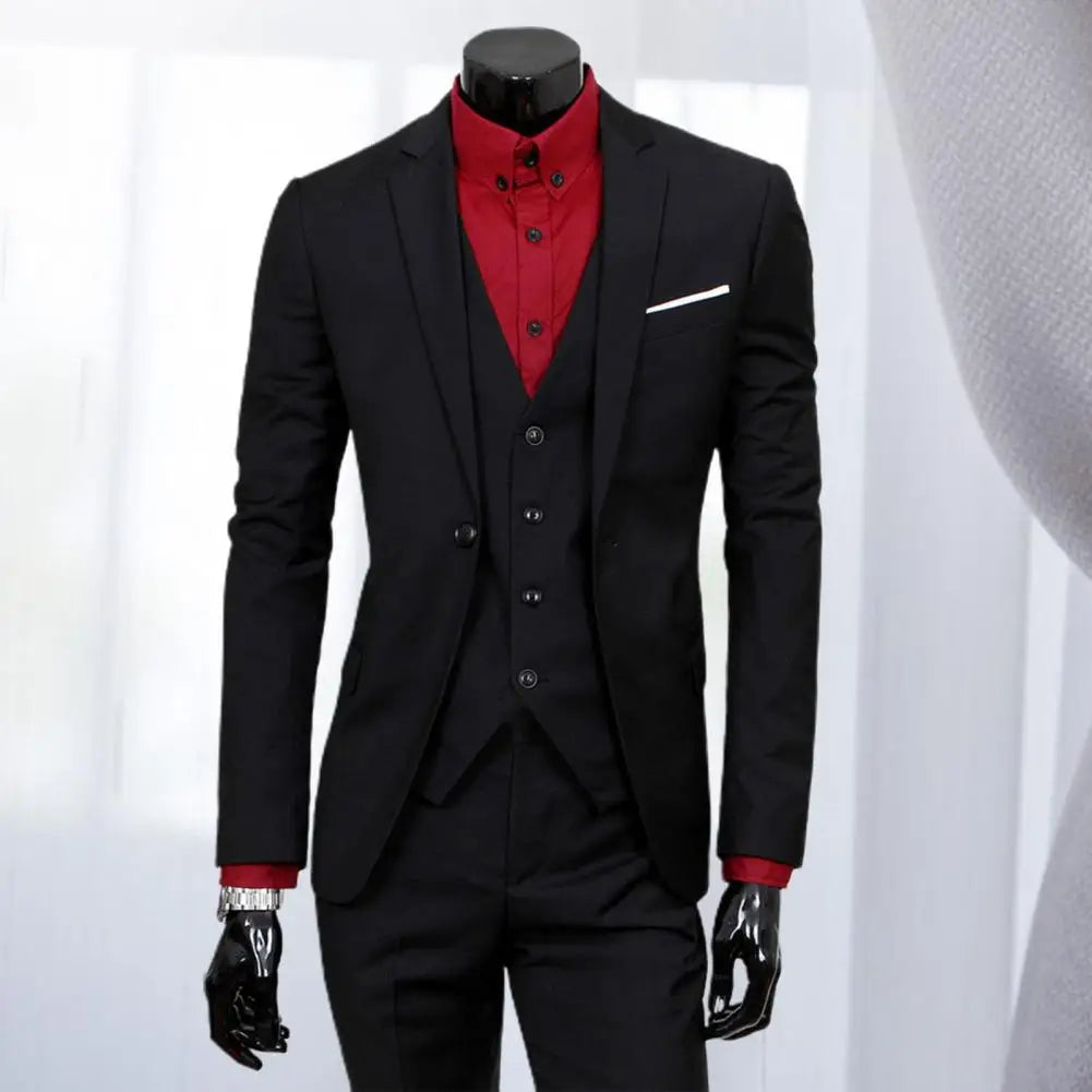 3 Pcs/Set Great Business Suit Wear-resistant Men Suit Set Sleeveless Waistcoat Solid Color Men Formal Suit  Slim Fit