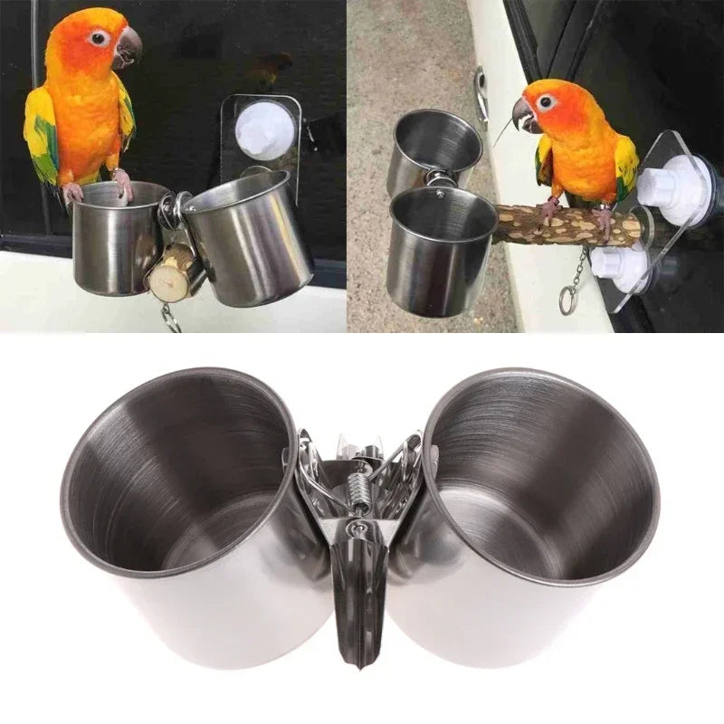 Bird Feeder Cup with Clamp Stainless Steel Feeding Dish Food & Water Bowl for Parrots