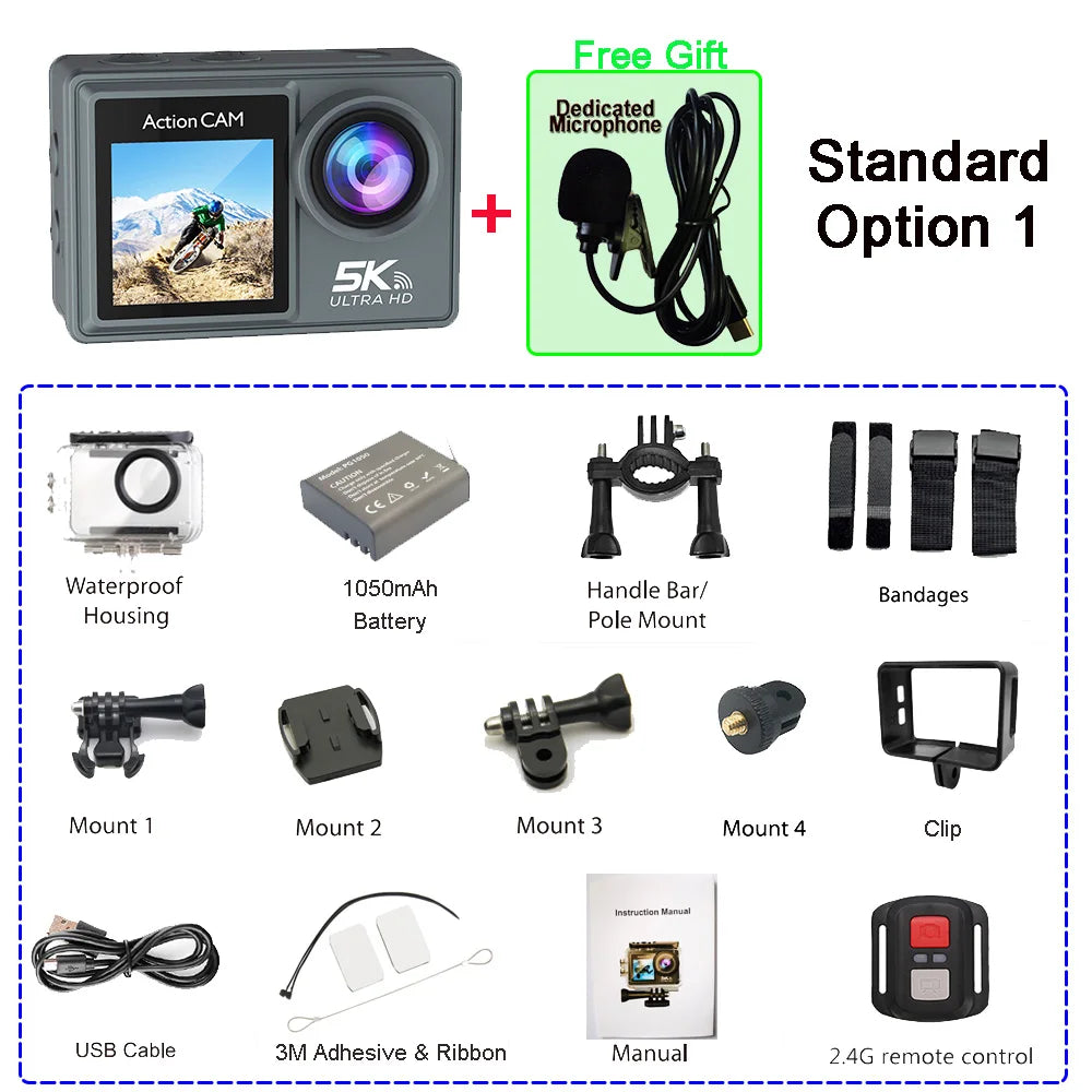 5K 4K60FPS Action Camera Dual IPS Touch LCD EIS 170° DVR 30M Waterproof 5X Zoom Sport Camera