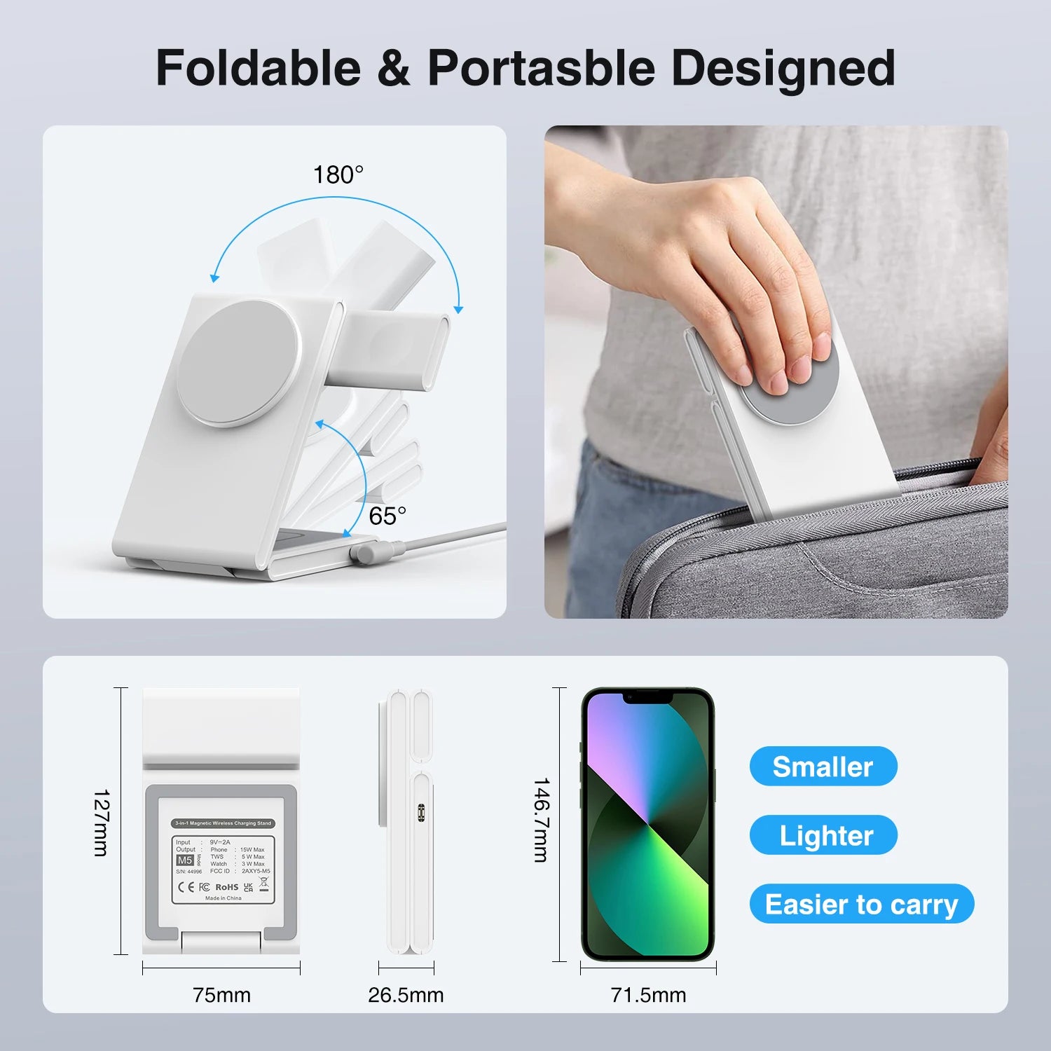 3 in 1 Foldable Wireless Charger Fast Charging Station for iPhone 15 14 Holder Magnetic Charger Stand Dock for Apple Watch S8/7