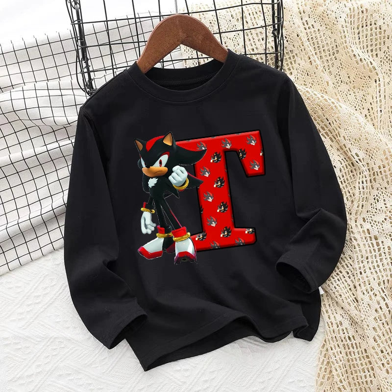 Sonics Kids Long Sleeves T-shirts Anime Print Letter Tee Spring Fall Thin Tops Cotton Children Crewneck Clothes Bottoming Shirt