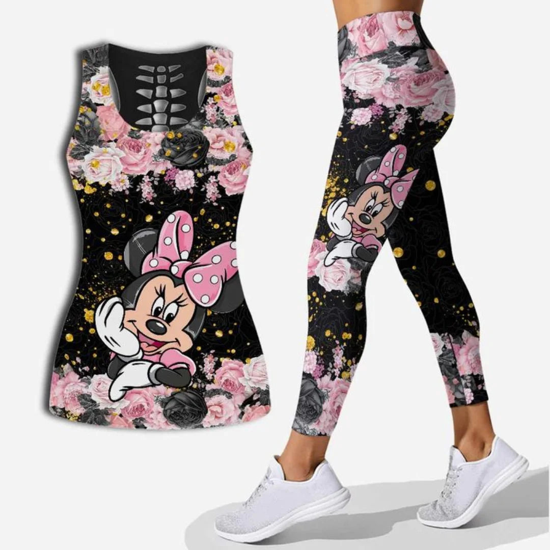 Disney Stitch Women's Hollow Tanktop Leggings Yoga Set Summer Fitness Leggings Tracksuit